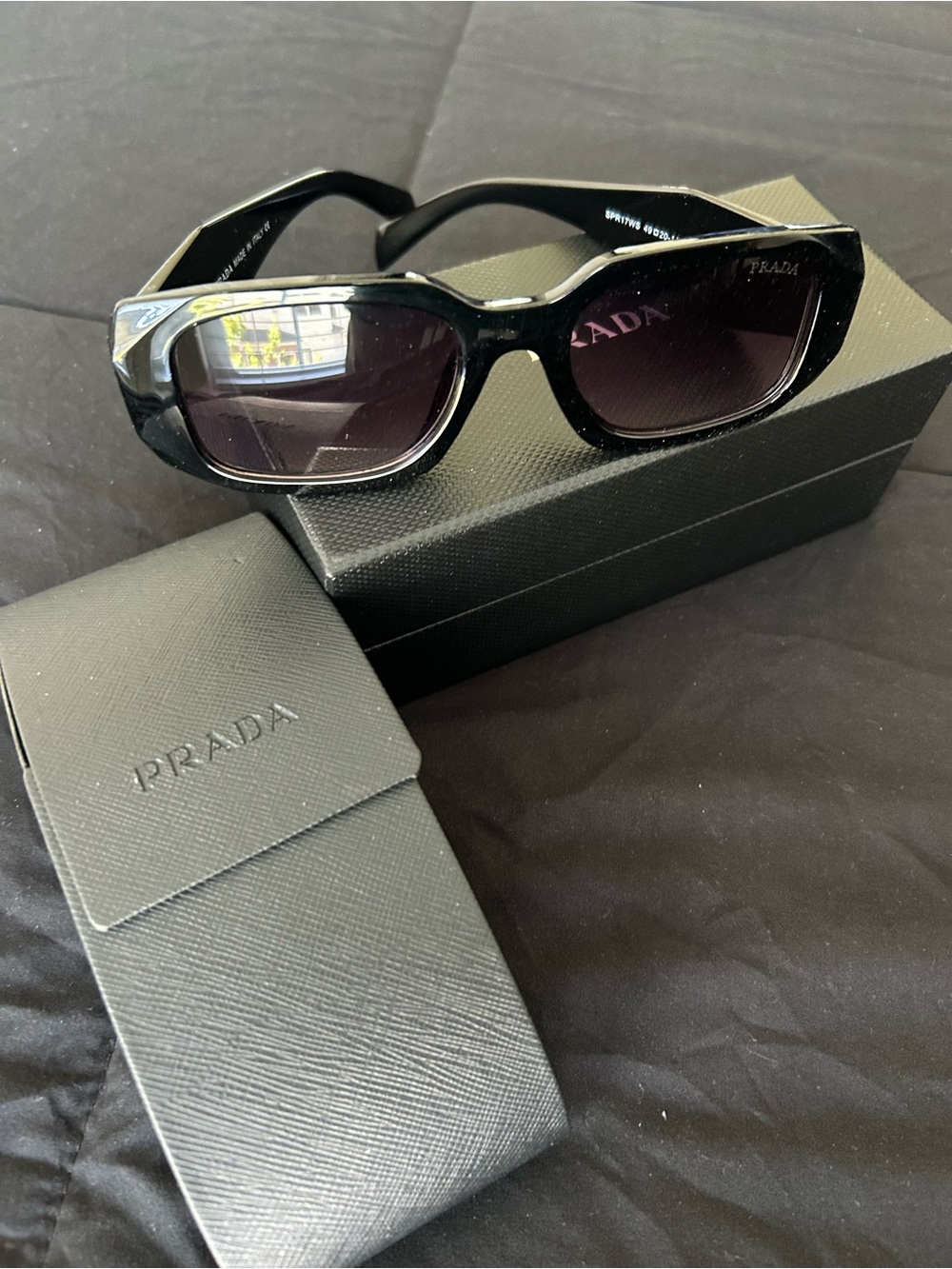 Prada Black Women's Rectangular Sunglasses with Dark Lenses